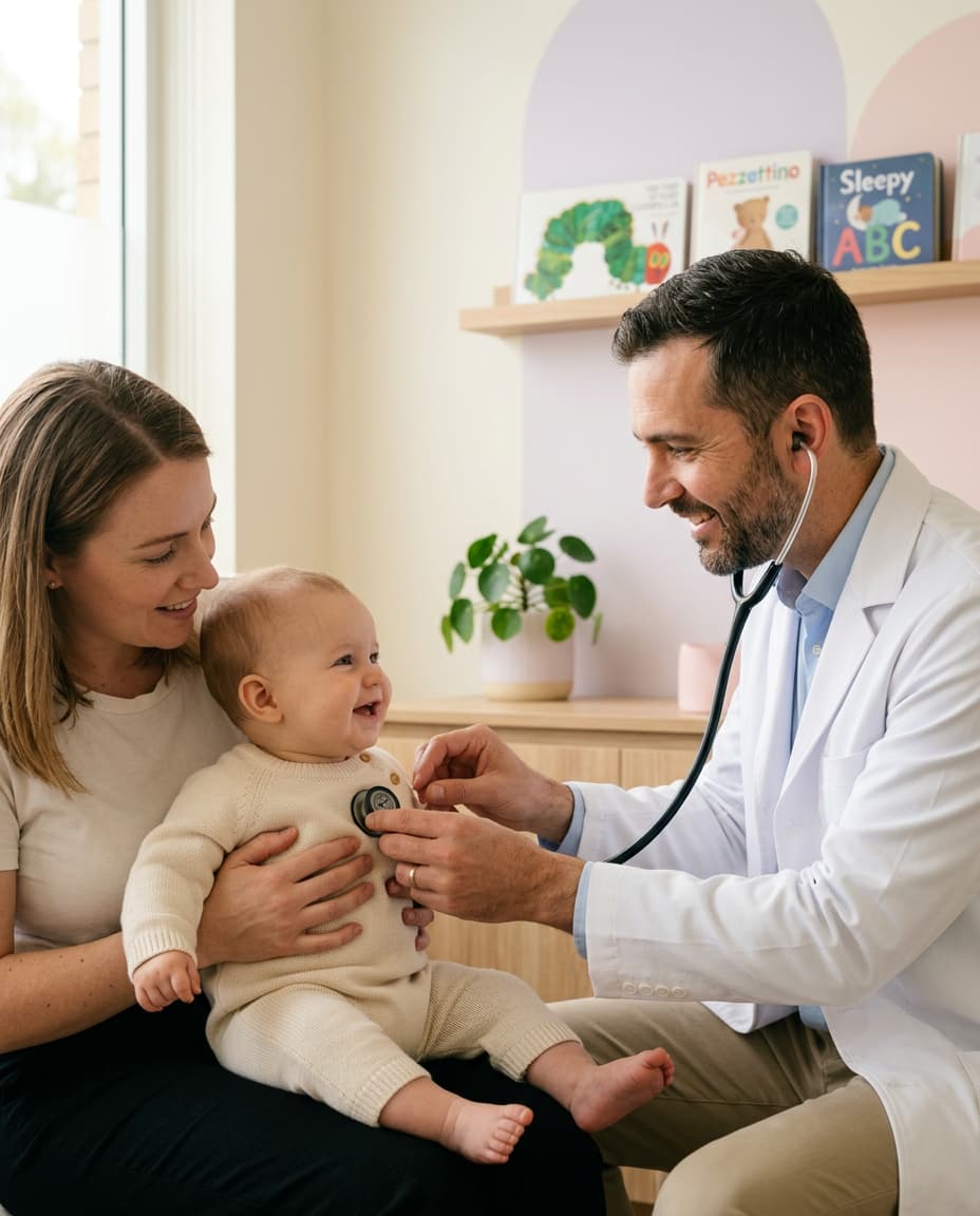 Bir bebekle ilgilenen gülümseyen bir pediatrist ve anne